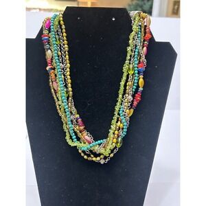 Boho Beaded Multi Strand Statement Necklace Gemstone Turquoise Silver Toned